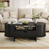 Garvee 47.2" Oval Coffee Table with Storage, Mid-Century Modern Fluted Accent Table - Sliding Doors & Drawer - Rounded Corners, Plinth Base - Living Room, Small Spaces - Black