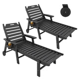 Garvee Black HDPE Chaise Lounge Chairs 2-Pack, Wood-Grain Outdoor Patio Sun Lounger Set, 5-Position Adjustable Backrest, 450lb Capacity per Chair, Rear Wheels and Cup Holders, 75% Preassembled Weather-Resistant Recliners for Poolside, Deck, Garden - Black
