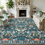 Garvee 8x10 Washable Area Rug, Non-Slip Low Pile Rug with Butterfly Floral, Stain Resistance Carpet for Living Room, Bedroom, Dining Room, Dark Green