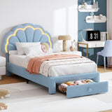 Garvee Twin LED Platform Bed with Storage Drawer, Adjustable Headboard, Berber Fleece Upholstery, No Box Spring Needed, Easy Assembly, for Kids,Blue