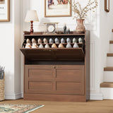 Garvee Slim Rattan Shoe Storage Cabinet with Doors - 3 Turnover Drawers, Adjustable Shelves, Hidden Shoe Organizer for Entryway Hallway Closet - Brown Wood Grain - Vintage White