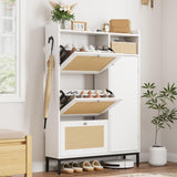 Garvee Rattan Shoe Cabinet, White Wood Grain MDF and PB Entryway Storage with 3 Flip Drawers and Side Door, 35.4"X9.3"X51.7", Adjustable Shelves, PE Rattan Panels, Metal Legs, Anti-Tip Hardware, Side Hooks and Top Cubby for Hallway, Bedroom and Closet - White Wood Grain