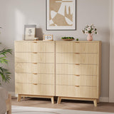 Garvee Set of 2 Modern 5-Drawer Dressers - Fluted Wood Chest, Tall Narrow Storage Cabinet for Bedroom, Living Room, Entryway - Natural Oak Finish, Ideal for Closet & Hallway Organization - Size: 2