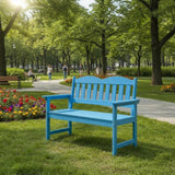 Garvee All-Weather 4 ft Outdoor Garden Bench, 2-Person Patio Balcony Park Seating - Slatted Poly Lumber Seat, Curved Backrest, Wide Armrests, 800 lb Capacity - Blue - Blue