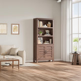 Garvee 71" Tall Farmhouse Bookcase with Doors, 5-Tier Wooden Bookshelf Storage Cabinet - Adjustable Shelf - Freestanding Rustic Display Shelves for Living Room, Office, Library - Color: Brown