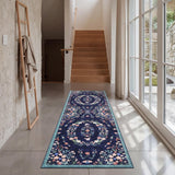 Garvee 2' × 6' Corner Floral Runner Rug, Soft Washable Low-Pile Polyester Carpet for Hallway, Kitchen and Entryway, Dark Blue