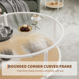 Garvee Boho 2-Tier Rattan Shelf Coffee Table with Water-Wave Tempered Glass Top – Modern Metal Frame – 30" Round Accent Table for Living Room, Bedroom, Office, Small Spaces – White+Yellow