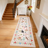 Garvee 2' x 6' Washable Cat & Floral Runner Rug, Non-Slip Stain-Resistant Soft Low-Pile Animal Print Rug for Hallway, Kitchen & Entryway, Beige