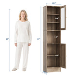 Garvee 67" Tall Space-Saving Bathroom Storage Cabinet – Slim Design with Glass Doors – Adjustable Shelves, Anti-Tip Steel – Linen & Towel Organizer – Gray Wood Grain - Gray Wood Grain