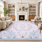 Garvee 9' × 12' Corner Floral Area Rug, Soft Washable Low-Pile Polyester Carpet for Living Room, Bedroom and Dining Room, Pink