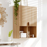 Garvee Modern Fluted Double Door Bathroom Medicine Cabinet - Wall Mounted Over Toilet Storage with Adjustable Shelf - Natural Oak Wooden Cabinet for Bathroom, Laundry, or Kitchen - 23"x29" - Wood Color