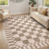 Garvee Brown Checkered Area Rug 5x7, Washable Non Slip Low Pile Faux Wool Rug, Modern Farmhouse Checkerboard Carpet for Living Room Bedroom Dining Room