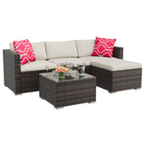 Garvee 5-Piece Outdoor Patio Sofa Set – Weather-Resistant Brown Rattan Sectional with Neutral White Cushions, Glass Coffee Table, Modern Wicker Conversation Furniture for Garden, Balcony, Porch, Lawn, Poolside – Brown Rattan/Neutral White Cushion - Brown Four-Line Rattan + Khaki Cushion + Red Pillow
