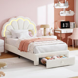 Garvee Twin-XL LED Platform Bed with Storage Drawer, Adjustable Headboard, Berber Fleece Upholstery, No Box Spring Needed, Easy Assembly, for Kids,Beige