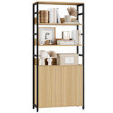 Garvee Industrial Bookshelf with Doors - 71'' Tall, 3-Tier Open Shelves, Adjustable Shelf, Protective Rails, Metal Frame, Anti-Tipping Kit, Office/Living Room, 48170-1 Natural Wood Color + Black Paint - Natural