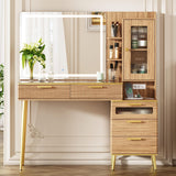 Garvee 47.24" Makeup Vanity Desk with 29.53" HD Lighted Mirror - 3-Color Dimmable LED - 5 Drawers, Storage Shelves & Charging Station - Bedroom Vanity Table - Oak Color (US Standard)