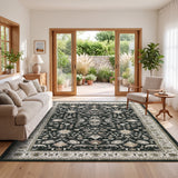 Garvee 4' × 6' Vintage Persian Area Rug, Machine Washable Non-Slip Low-Pile Distressed Floral Rug for Living Room, Bedroom & Dining Room, Dark Gray