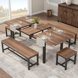Garvee Extendable Office Dining Table & Bench Set – 5-Piece Mid-Century Modern Desk with 2 Benches & 2 Square Stools – Metal Frame, Walnut MDF, Easy Clean – Seats 4-8 – Walnut Color Plate + Black Iron Frame, +2 Long and 2 Short Wooden Benches - Brown