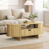Garvee 47" Oval Coffee Table with Storage, Mid-Century Modern Fluted Accent Table - Sliding Doors & Drawer - Rounded Corners, Plinth Base - Living Room, Small Spaces - Natural Wood Color