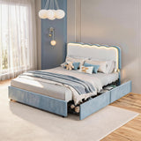 Garvee Bed Frame with LED Lights, Irregular Wave Upholstered Platform Bed with 2 Storage Drawers