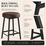 Garvee Set of 2 26" Counter-Height Backless Bar Stools, Round Upholstered Wide Seat, Metal Frame with Footrest, Modern Industrial Kitchen Island Stools, Brown Round (No Backrest), 2pcs per set
