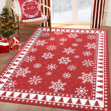 Garvee Christmas Area Rug, Machine Washable Low Pile Non-Slip Mark-Resistant Indoor Carpet - Red Snowflake & Xmas Tree Edge for Living Room Bedroom Kitchen Bath - 8x10 ft, USA, Red - Red