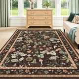 Garvee 9x12 Washable Floral Area Rug, Non-Slip Low Pile Rug, Stain Resistance Carpet for Living Room, Bedroom, Dining Room, Brown