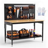 Garvee 48x24 Heavy-Duty Mobile Workbench with Pegboard Back - Rolling Steel Work Table for Garage Workshop - Adjustable Height - Wheels, Shelf & Power Strip - Includes: Gloves