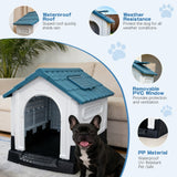 Garvee Weatherproof Outdoor Dog House, Medium Blue PP Plastic Pet Shelter, Adjustable Roof Window, Air Vents, Elevated Floor, Sloped Waterproof Roof, Easy to Clean and Assemble, for Yard, Patio, Deck, Indoor and Outdoor Use - Blue