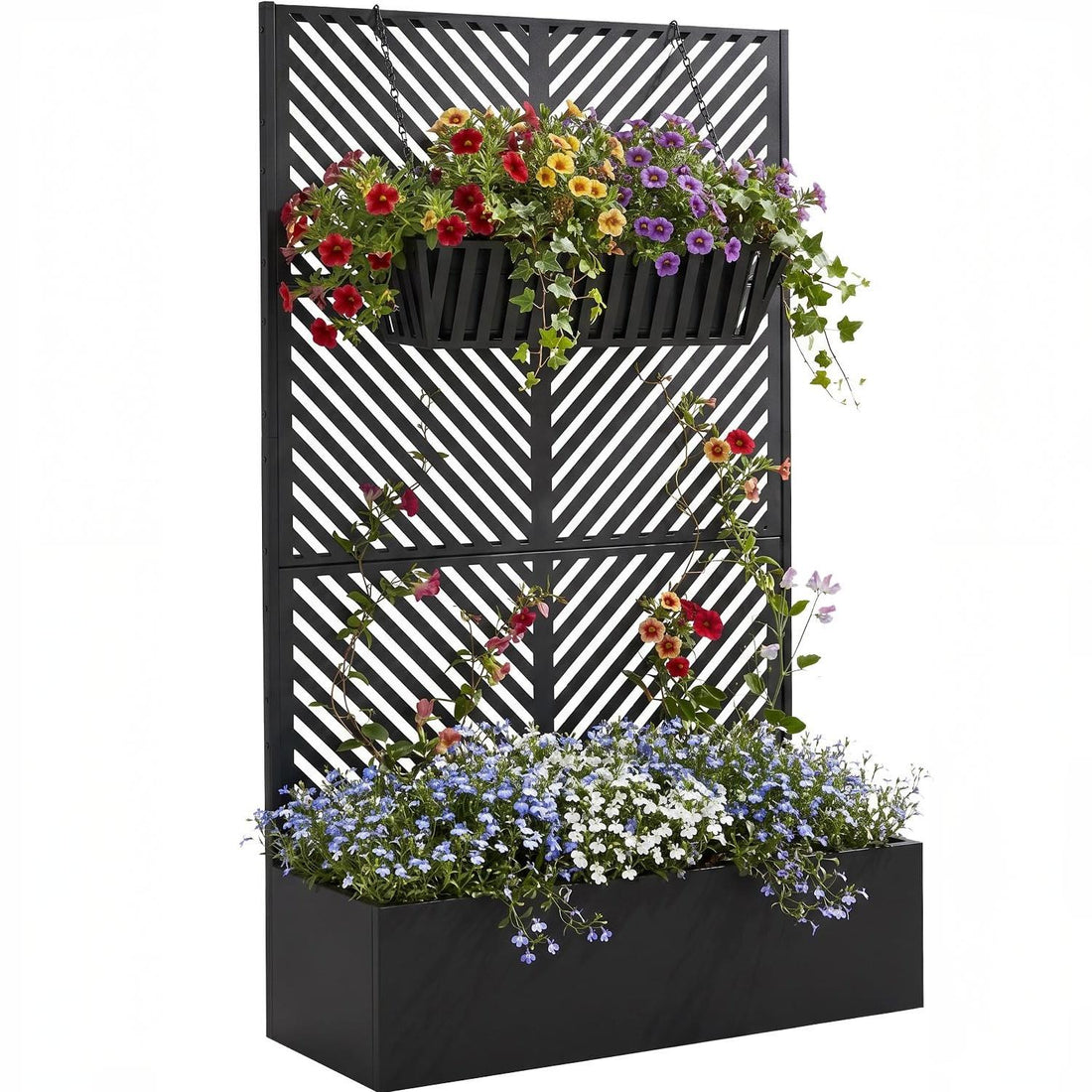 Black metal raised garden bed with trellis and Down Arrow privacy screen, 44 x 16 x 71 in