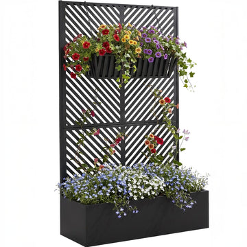 Black metal raised garden bed with trellis and Down Arrow privacy screen, 44 x 16 x 71 in