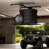 Garvee Heavy-Duty Overhead Garage Storage Rack Lift, 4x4 ft Ceiling-Mount Lift System, Hand Crank + Power Drill Ready, 350 lb Capacity, Adjustable Drop Up to 79 in, Double-Rope Safety, Black (Powder-Coated) | 4x4 feet | Adapted for electric drill function - Black