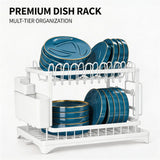 Garvee Carbon Steel Dish Drying Rack with Drainboard for Kitchen Counter - Rustproof Kitchen Storage Organizer w/ Knife Slots, Cutlery Holder & Cutting Board Holder - Color: White (WDJ-8018-WH) - White