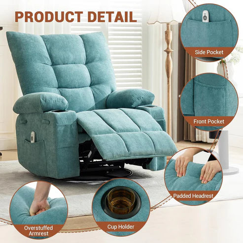Garvee Swivel Recliner Chair with Massage & Heat for Elderly Adults, Ergonomic Lounge Single Sofa, Manual Recliner with Overstuffed Cushion, Side Pocket, Cup Holders for Living Room, Bedroom, Blue