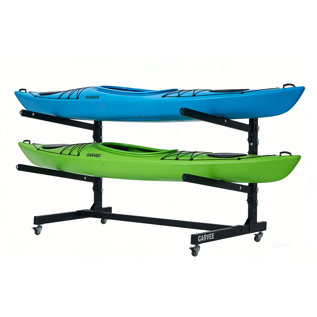 2-tier kayak storage rack holding two kayaks on white background