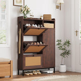 Garvee Rattan Shoe Cabinet, Dark Cherry MDF and PB Entryway Storage with 3 Flip Drawers and Side Door, 35.4"X9.3"X51.7", Adjustable Shelves, PE Rattan Panels, Metal Legs, Anti-Tip Hardware, Side Hooks and Top Cubby for Hallway, Bedroom and Closet - Dark Cherry