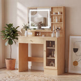 Garvee Vanity Desk with Mirror and Lights, 3 Color LED Makeup Vanity Desk with 1 Clear Cabinet, 4 Open Shelf and 1 Drawer, Built-in 2 AC, 1 USB, Type-c Outlet, Sturdy MDF Dressing Table for Bedroom - Beige