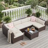 Garvee 7-Piece Patio Furniture Set – PE Rattan Wicker Outdoor Sectional Sofa – Thick Beige Cushions – Tempered Glass Coffee Table – All-Weather UV Resistant Conversation Couch for Garden, Backyard, Poolside – Brown Gradient Rattan + Beige Cushions - Brown Gradient Rattan + Beige Cushions