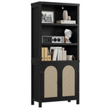 Garvee Farmhouse Tall Storage Cabinet with Rattan Doors – 70-Inch Wooden Entryway Bookshelves – 3 Open Tiers – Floor Standing Organizer for Living Room, Office – Set of 2 – Black