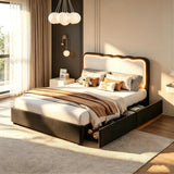 Garvee Bed Frame with LED Lights, Irregular Wave Upholstered Platform Bed with 2 Storage Drawers