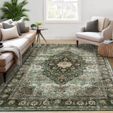 Garvee Vintage Washable Area Rug for Living Room & Bedroom - Soft Low Pile, Non-Shedding, Mark Resistant - Distressed Green Floral Carpet - Ideal for Dining Room, Nursery, Entryway - Size: 8x10ft (244x305cm), Color: Green - Grey