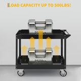 Garvee Heavy-Duty 2-Shelf Utility Service Cart on Wheels - 500 lb Capacity - Ergonomic Handle, Locking Casters - Plastic Mobile Work/Storage Trolley, Black, 40 x 24.4 x 32.5 in