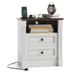 Garvee Farmhouse Rustic Nightstand with Charging Station & 2 Drawers, Roman Column Design 23.62" Wide Wood End Table , White Night Stand Side Table for Bedroom and Living Room