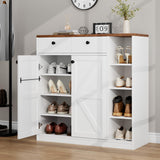 Garvee Modern 42'' Tall Shoe Storage Cabinet with Barn-Style Doors & Drawers - 4-Tier Adjustable Shelves - Stable Base for Entryway, Hallway, Living Room - Space-Saving Organizer - Fine Linen White