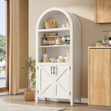 Garvee Contemporary 5-Tier Arched Pantry Bookcase Cabinet - Freestanding Storage Cupboard with Adjustable Shelves and Decorative Cross Doors - Bookshelf for Kitchen, Living Room, Office - White with Black Line - White