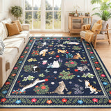 Garvee 5' x 7' Non-Slip Washable Cat Print Area Rug – Low Pile, Mark Resistant, Modern Floral Bordered Carpet for Living Room, Bedroom, Dining Room, Entryway, Office, Childs Room, Blue