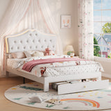 Garvee LED Velvet Upholstered Platform Bed Frame – Crystal Button Headboard, Large Storage Drawer, Noise-Free Slat Support, Easy Assembly, Full Size, White