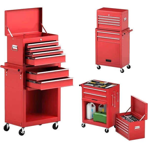 Garvee 6-Drawer Rolling Tool Chest Cabinet with Wheels, Heavy-Duty Metal Tool Storage Cart - Sliding Drawers w/ Liners - for Garage & Workshop - Red - Side Armrest - 3-Inch Wheels