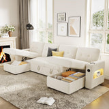 Garvee Modular Sofa with Storage, 107" Sleeper Sofa Bed Sectional Cloud Couch, U-Shaped Velvet Fabric Couch with USB Charging & Cup Holder for Living Room, Apartment, Office, Beige
