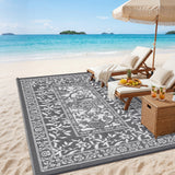 Garvee Waterproof Reversible Outdoor Rug 10x14ft - Botanical Cottagecore Patio Carpet - UV Resistant, Collapsible, Lightweight - For Deck, RV, Porch, Balcony, Backyard, Picnic, Beach - Gray-White, USA - Gray & White